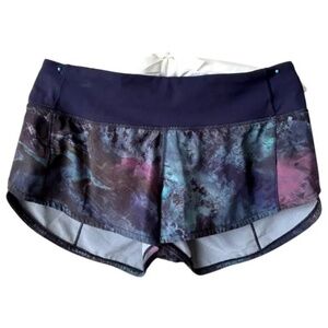 LuluLemon Speed Shorts Navy Blue Galactic Marble Purple Black Zipper Pocket Sz 4